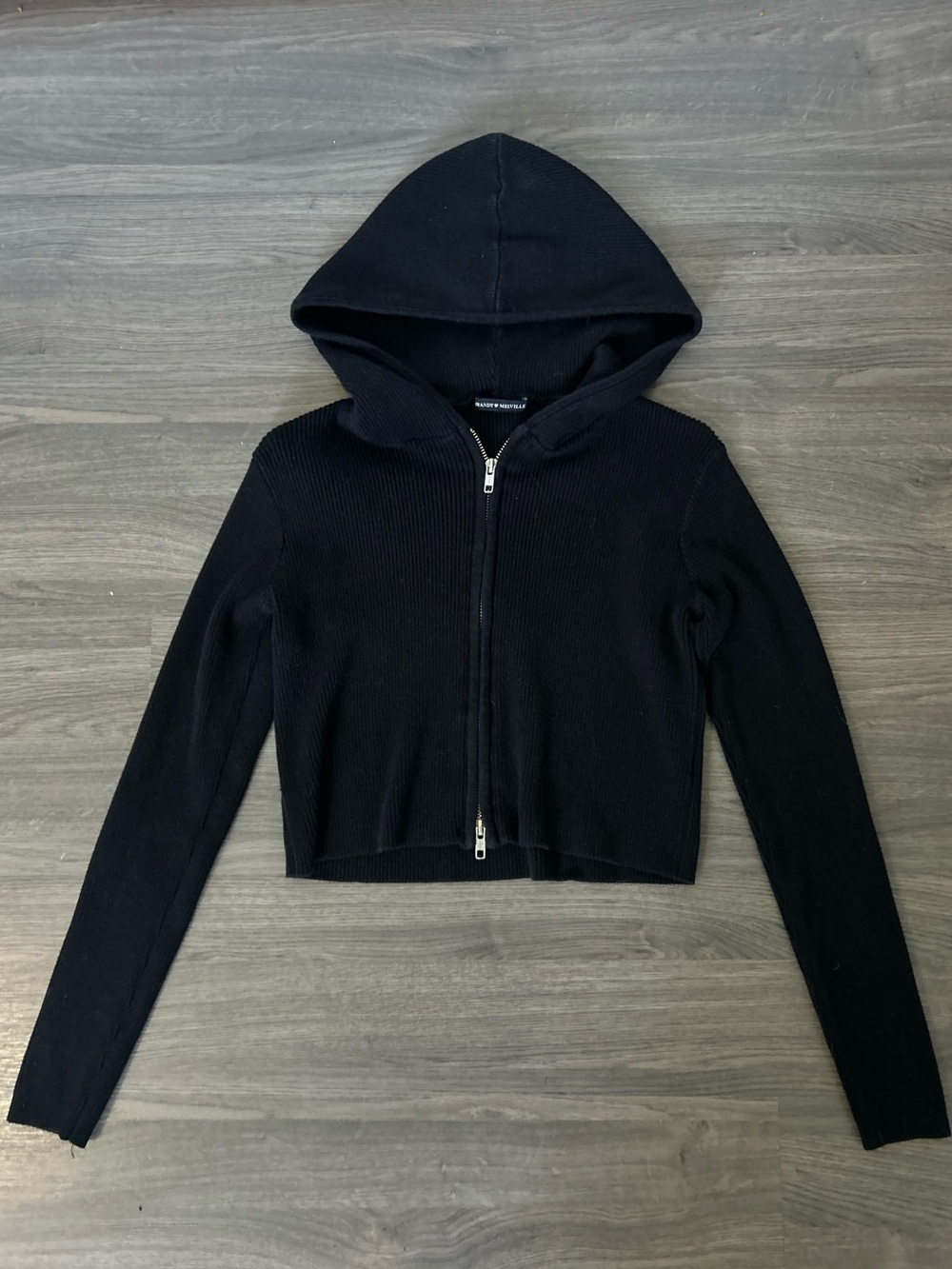 Brandy Melville Black Ribbed Knit Cropped Zip Up Hoodie Double Zipper